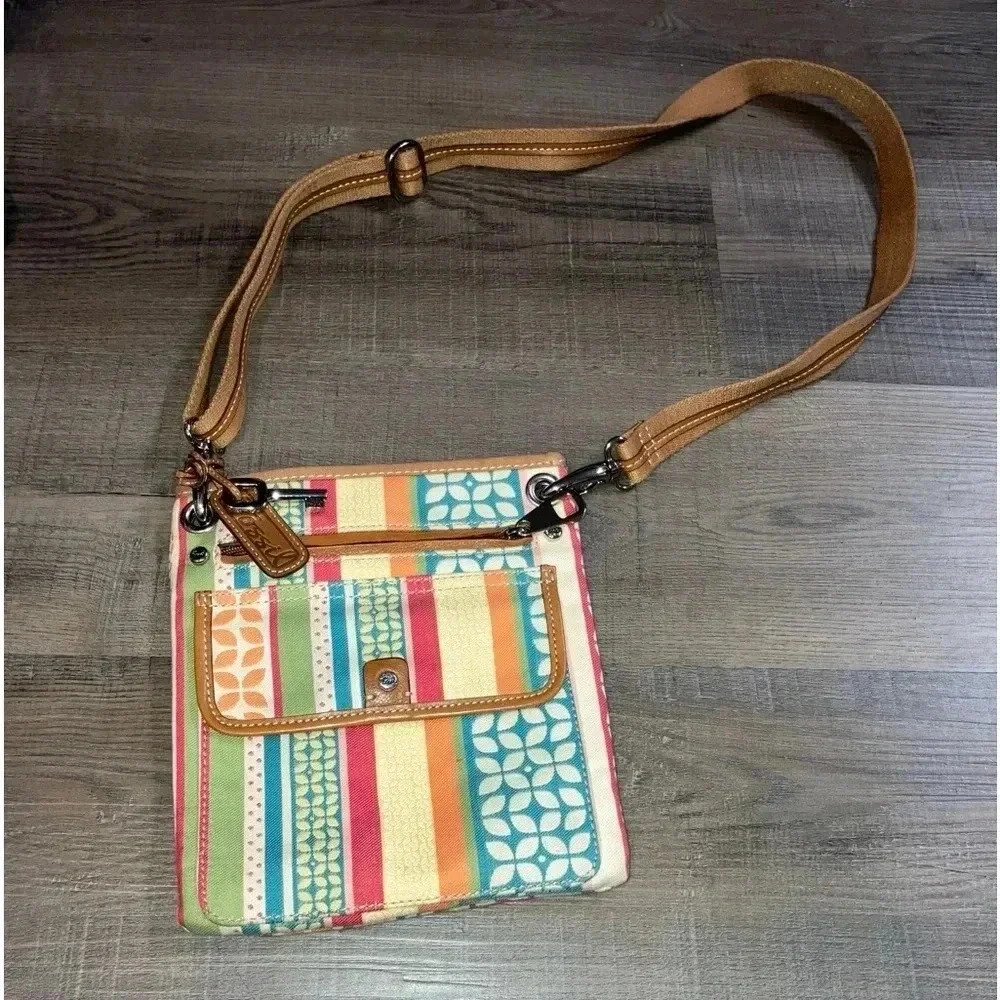 FOSSIL Multicolor Floral Fabric & Brown Leather Messenger Crossbody Shoulder Bag